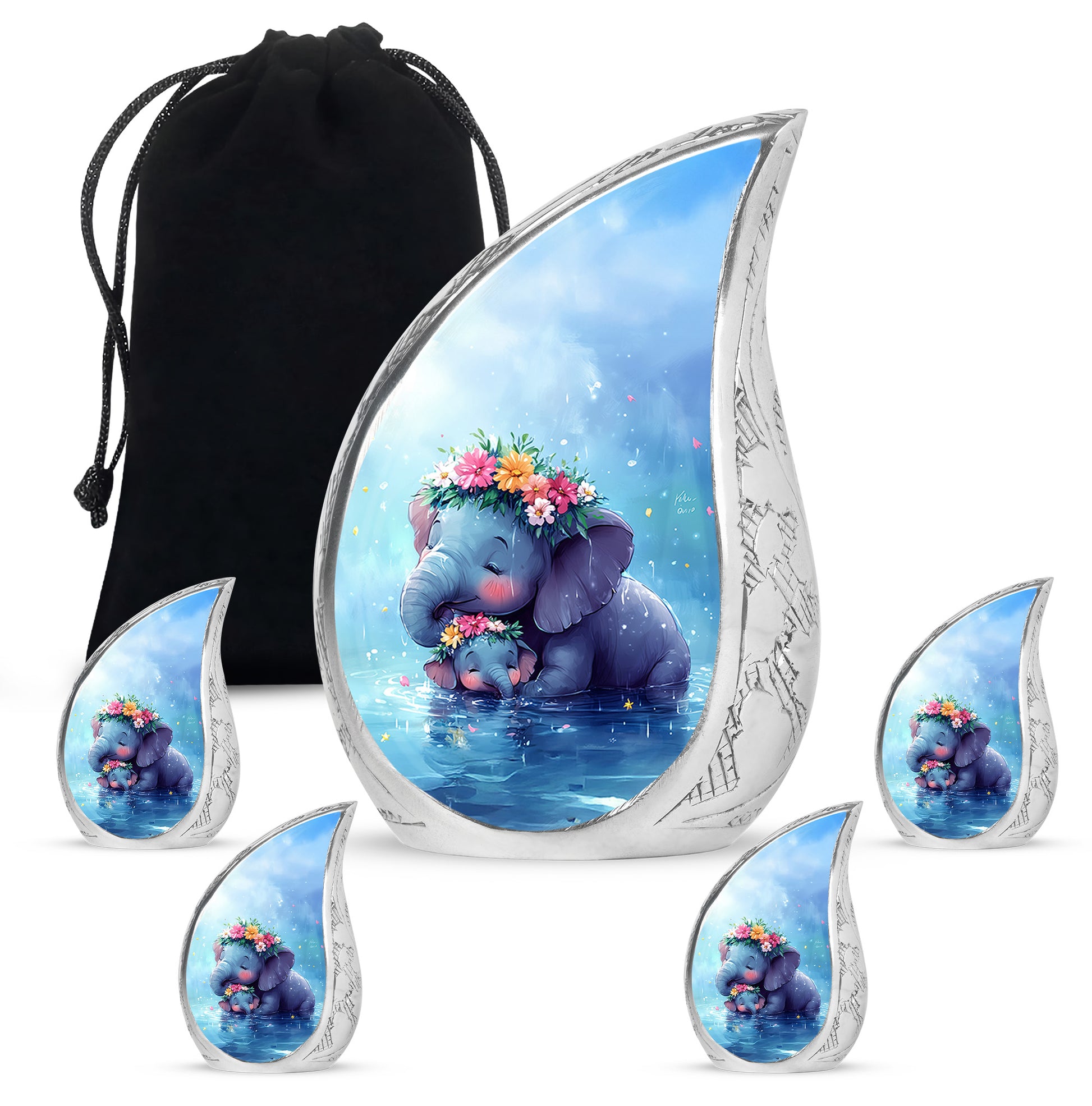 Indigo Elephant Cremation Urn side profile showing urn shape - rounded teardrop elephant design with delicate detail - memorial set with one large and four small urns