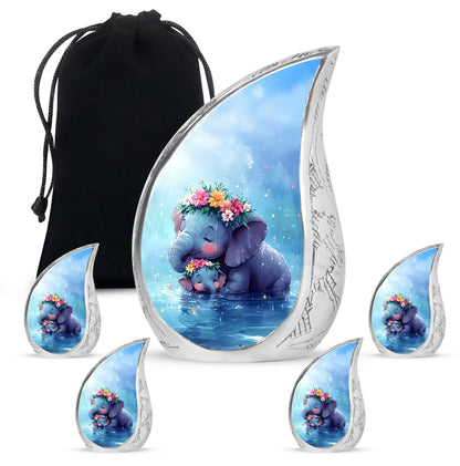 Indigo Elephant Cremation Urn side profile showing urn shape - rounded teardrop elephant design with delicate detail - memorial set with one large and four small urns