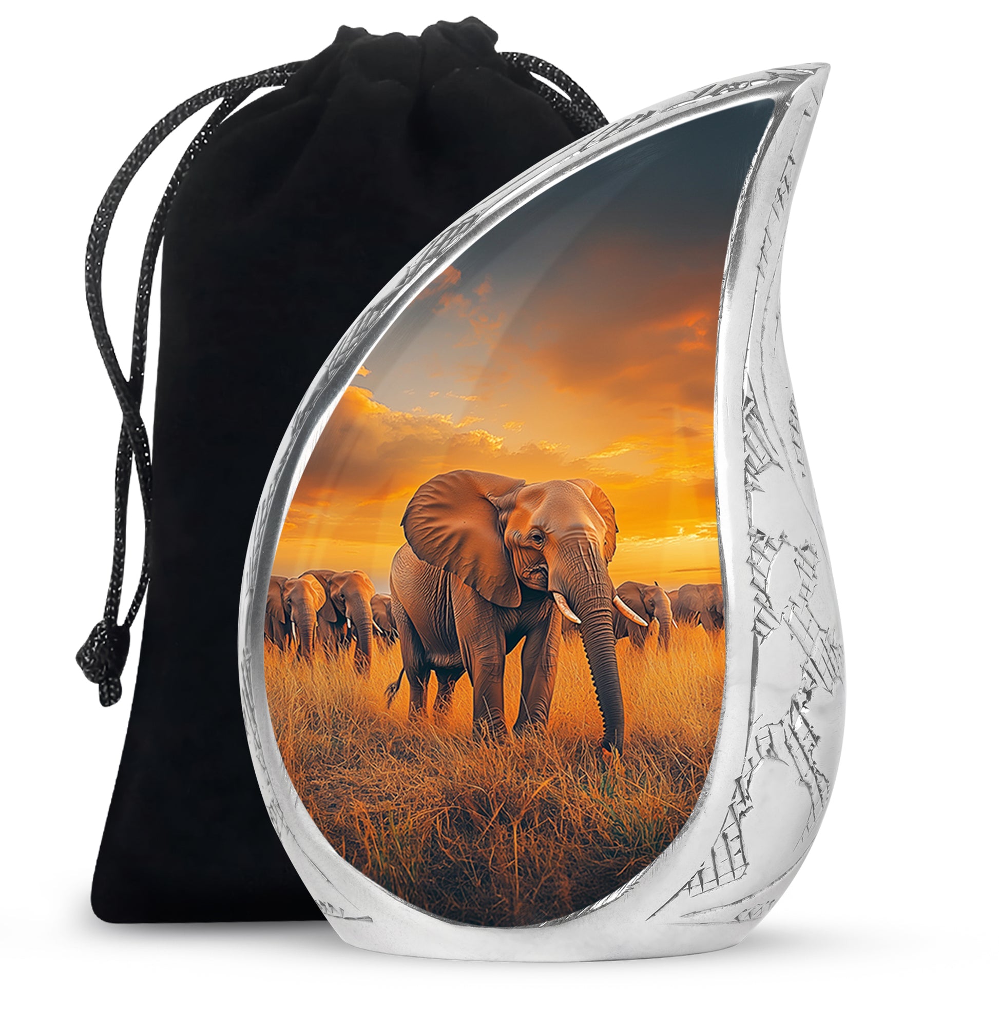Vivid Blue Elephant Cremation Urn front view showing detailed design - smooth teardrop contour featuring elephant art - full-size 10 inch 200 cubic inch adult cremation urn