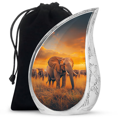 Vivid Blue Elephant Cremation Urn front view showing detailed design - smooth teardrop contour featuring elephant art - full-size 10 inch 200 cubic inch adult cremation urn