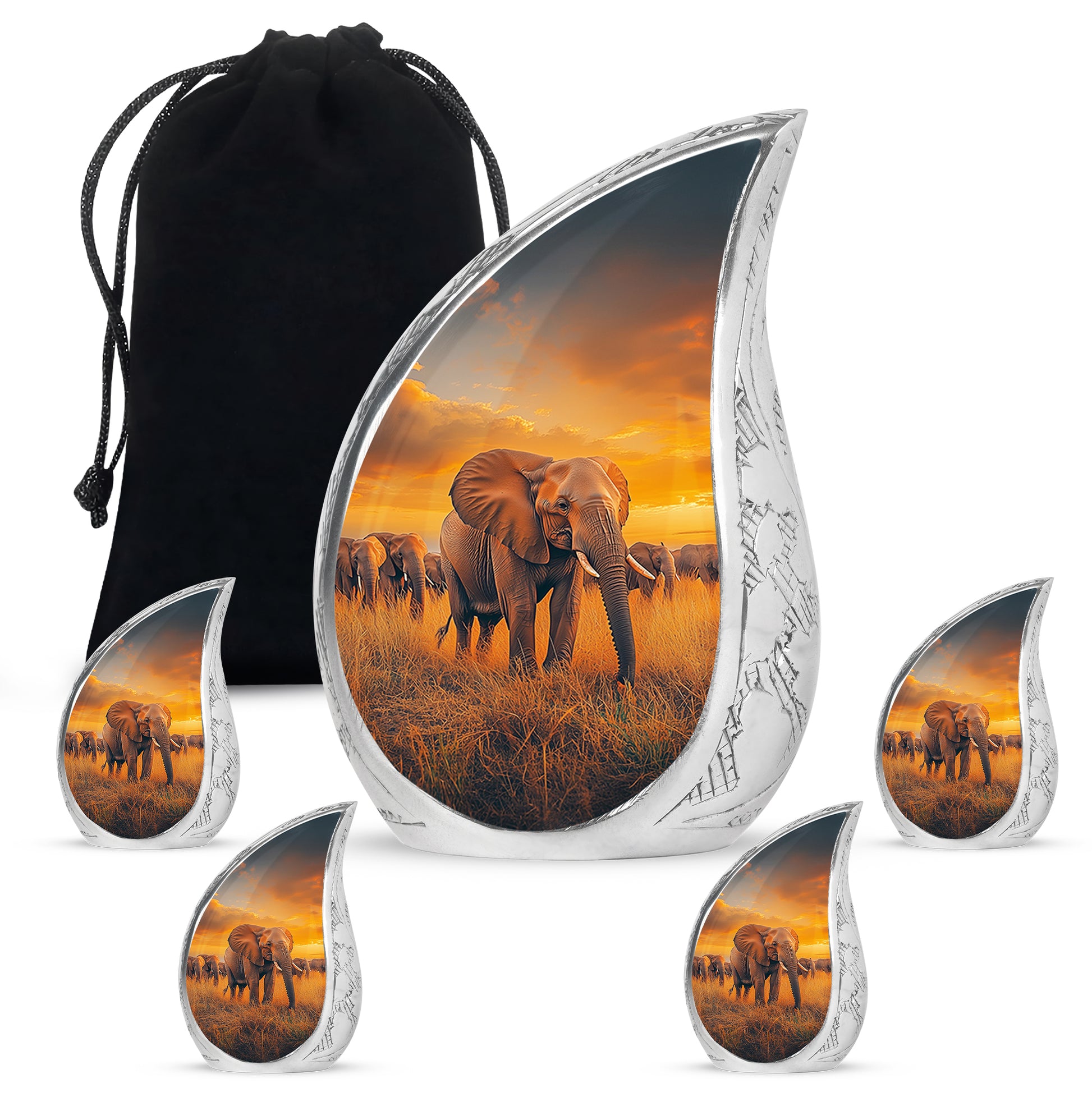 Royal Blue Elephant Cremation Urn side profile showing urn shape - graceful tear-shaped urn with elephant motif - memorial set with one large and four small urns