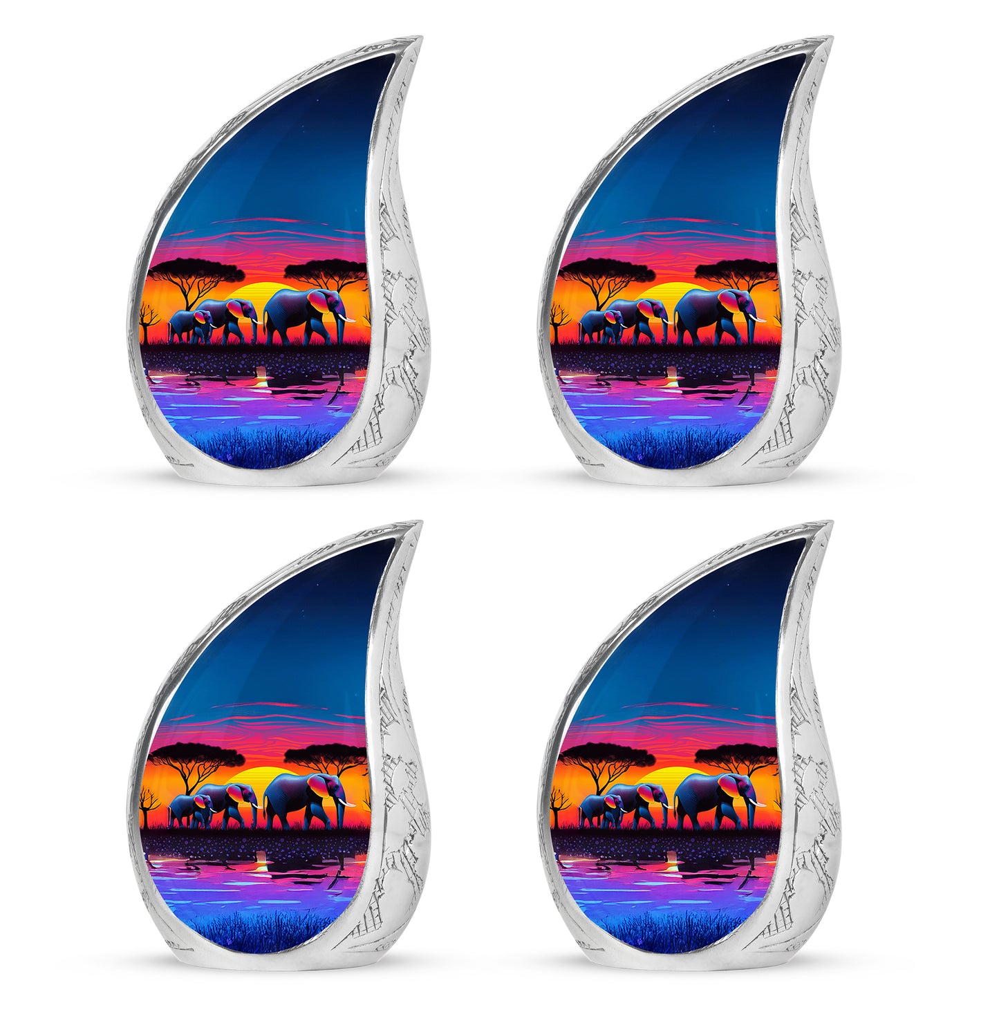 Cobalt Blue Elephant Cremation Urn close-up of engraving and surface detail - smooth teardrop contour featuring elephant art - 10 inch aluminum urn for cremated remains