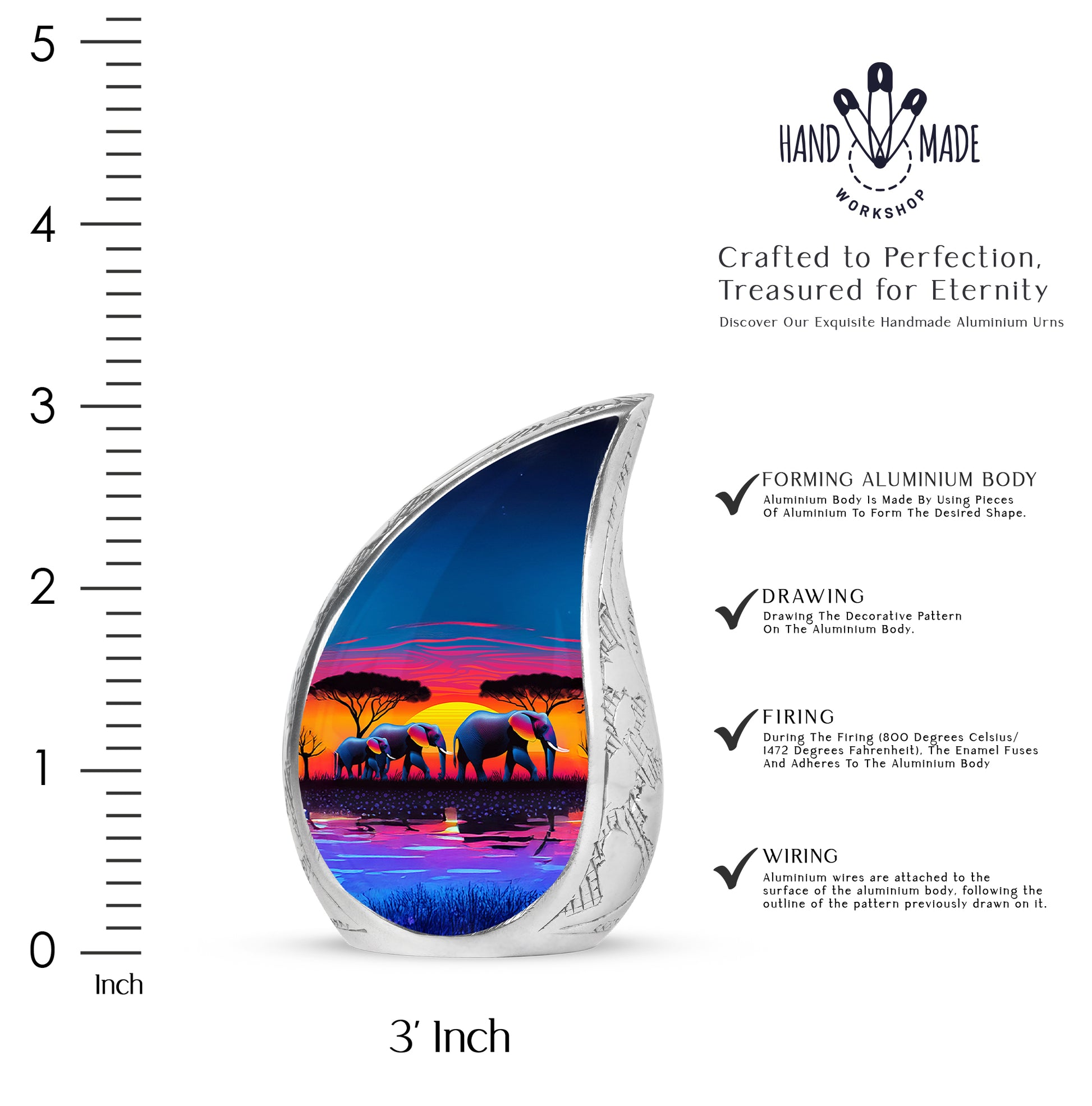 Sapphire Blue Elephant Cremation Urn angled view of lid and engraved motif - graceful tear-shaped urn with elephant motif - mini keepsake memorial for portion of cremation ashes