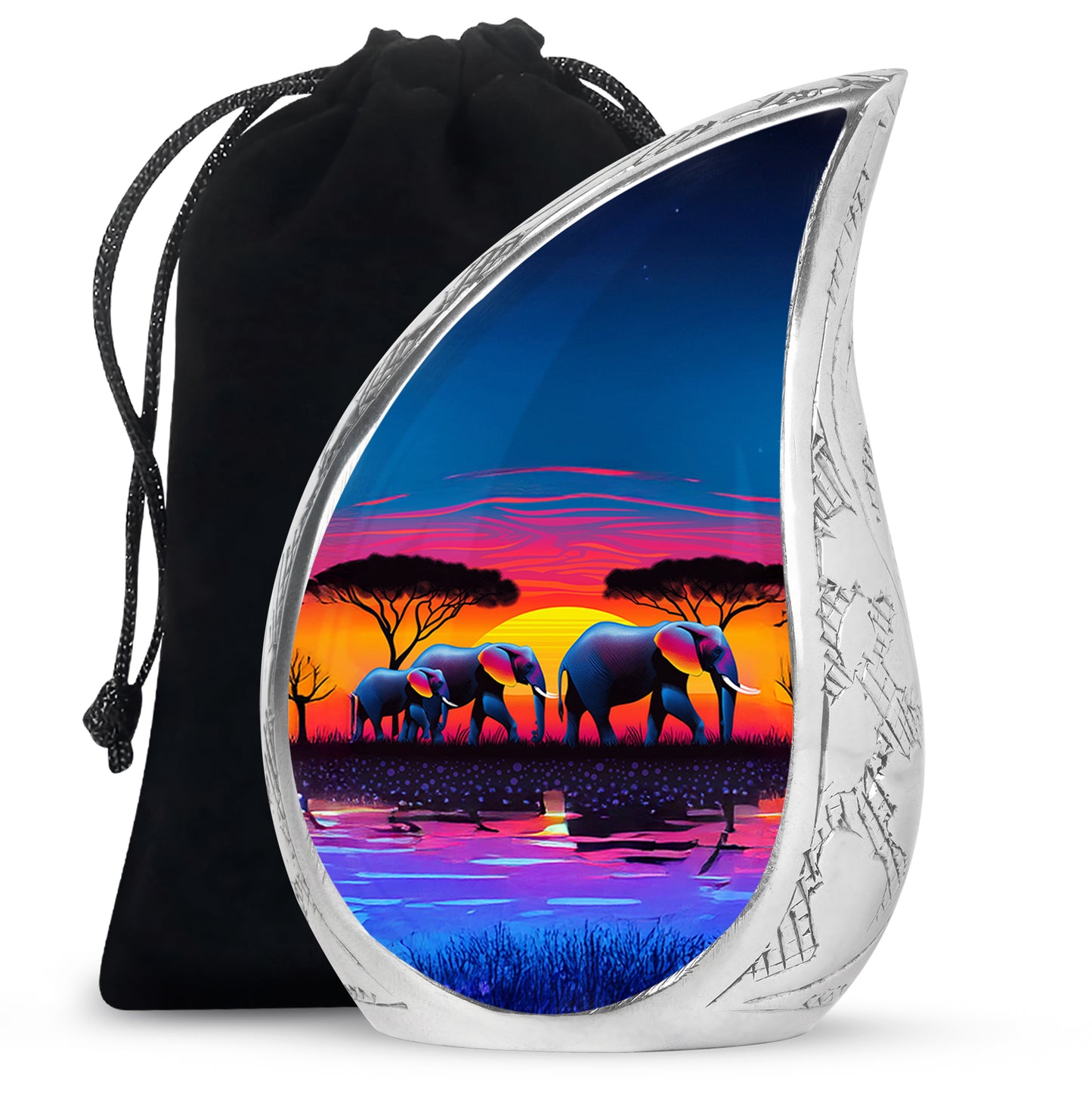 Royal Blue Elephant Cremation Urn front view showing detailed design - graceful tear-shaped urn with elephant motif - full-size 10 inch 200 cubic inch adult cremation urn