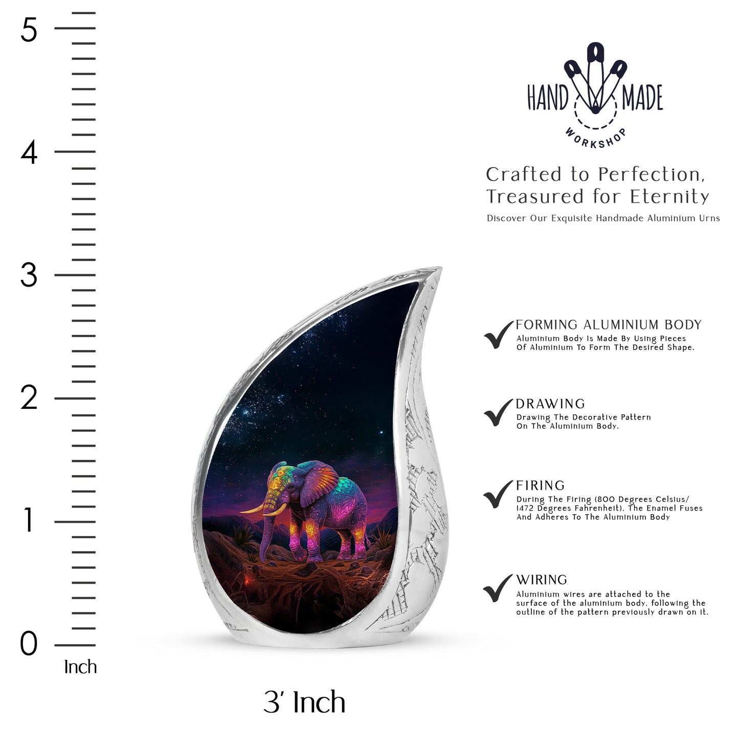 Deep Black Elephant Cremation Urn angled view of lid and engraved motif - rounded teardrop elephant design with delicate detail - mini keepsake memorial for portion of cremation ashes