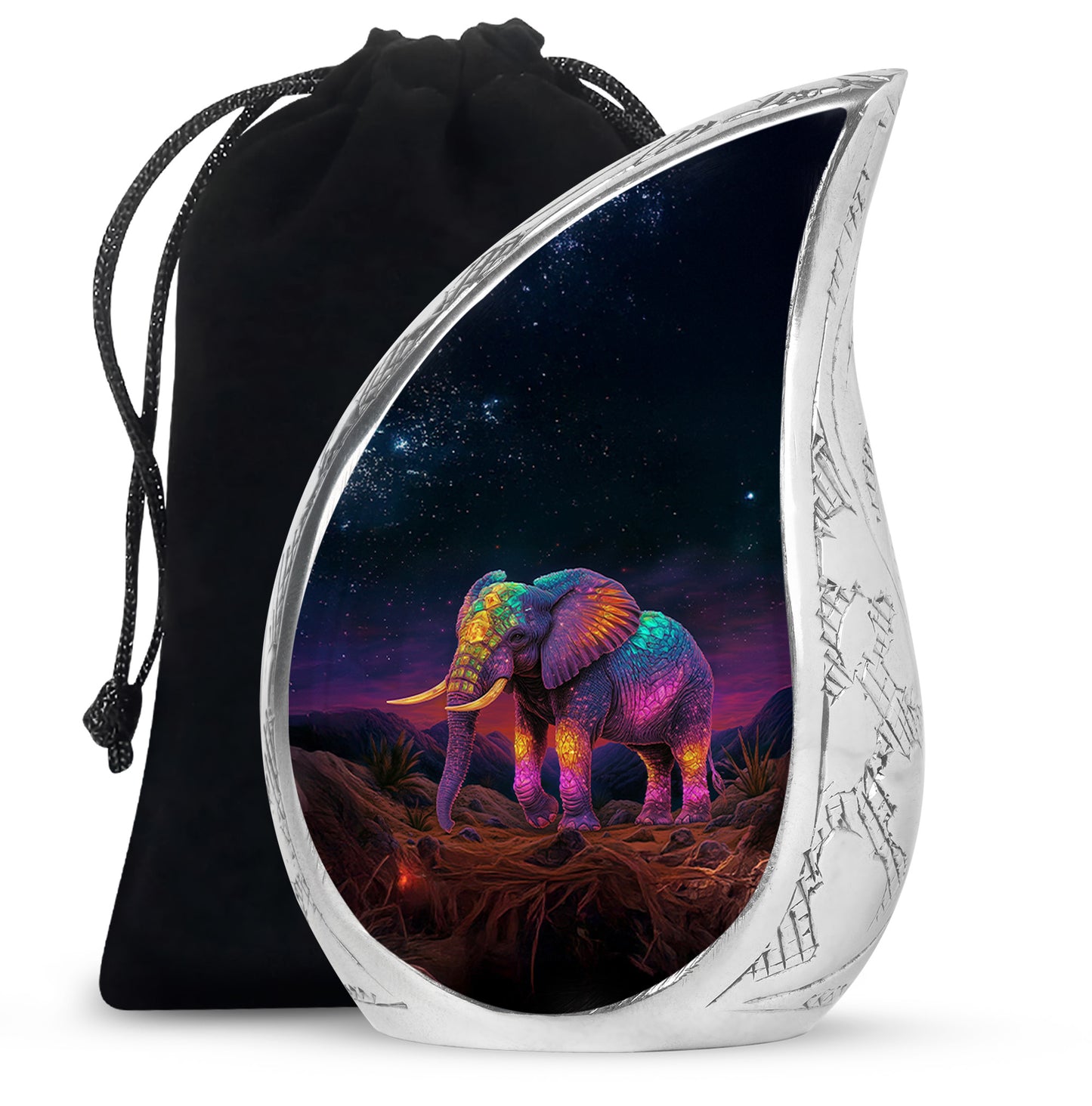 Jet Black Elephant Cremation Urn front view showing detailed design - flowing teardrop elephant silhouette on curved aluminum - full-size 10 inch 200 cubic inch adult cremation urn