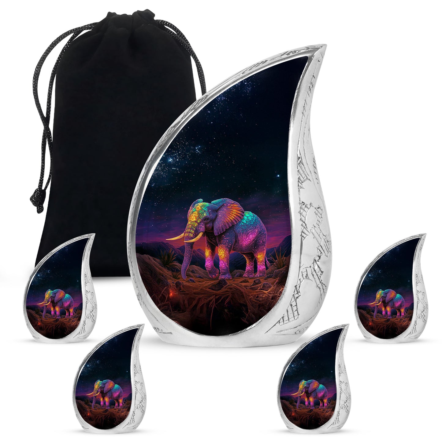 Onyx Black Elephant Cremation Urn side profile showing urn shape - smooth teardrop contour featuring elephant art - memorial set with one large and four small urns