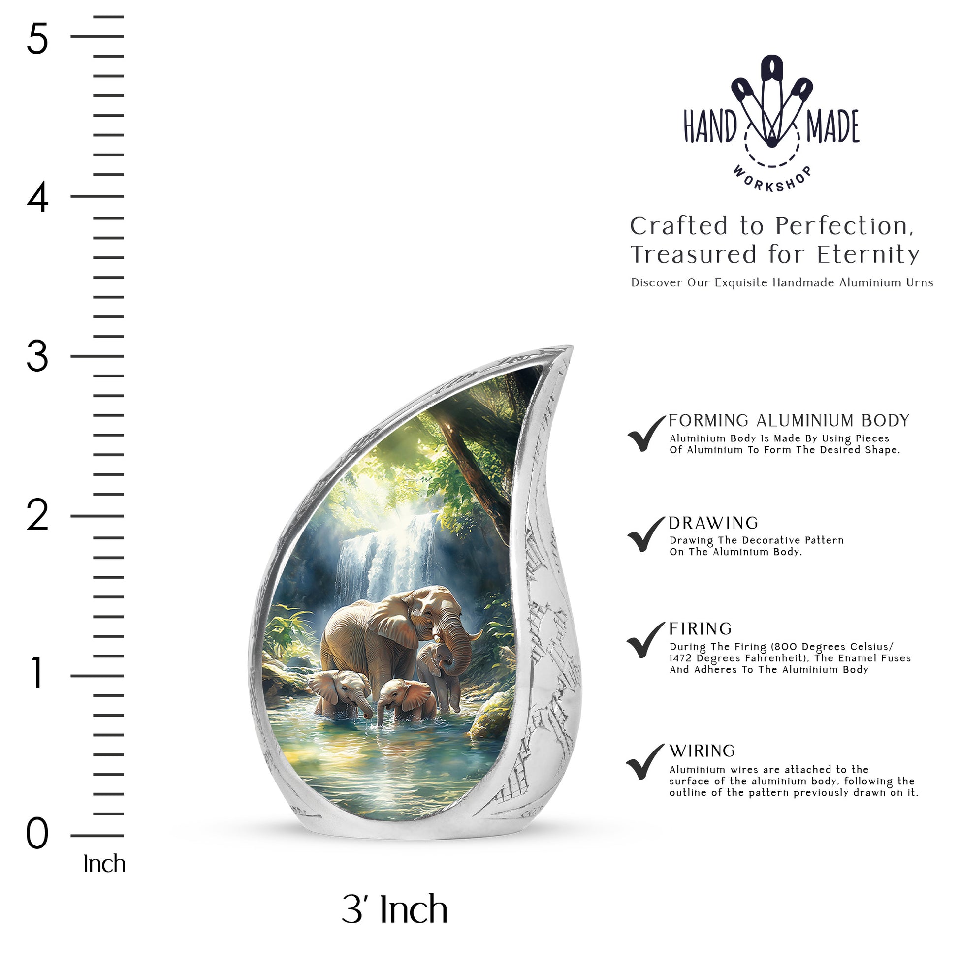 Pastel Blue Elephant Cremation Urn angled view of lid and engraved motif - flowing teardrop elephant silhouette on curved aluminum - mini keepsake memorial for portion of cremation ashes