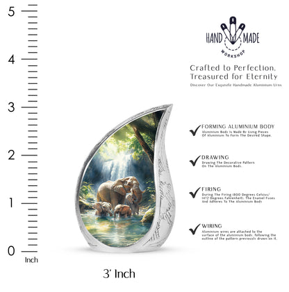 Pastel Blue Elephant Cremation Urn angled view of lid and engraved motif - flowing teardrop elephant silhouette on curved aluminum - mini keepsake memorial for portion of cremation ashes
