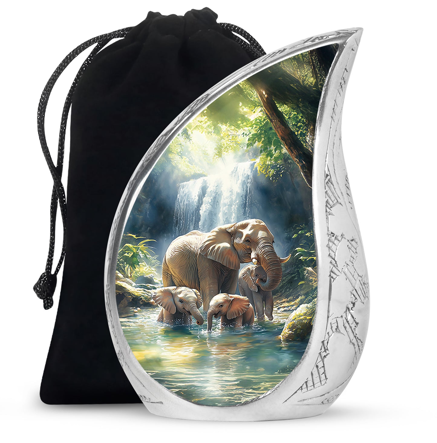 Cornflower Blue Elephant Cremation Urn front view showing detailed design - smooth teardrop contour featuring elephant art - full-size 10 inch 200 cubic inch adult cremation urn