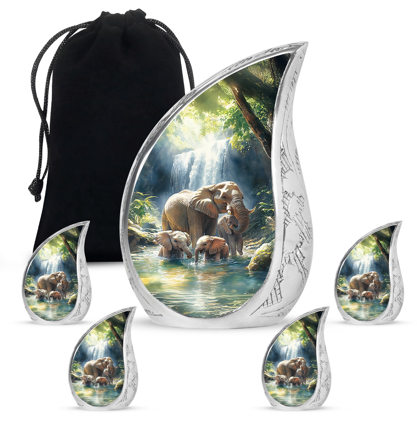 Vivid Blue Elephant Cremation Urn side profile showing urn shape - graceful tear-shaped urn with elephant motif - memorial set with one large and four small urns
