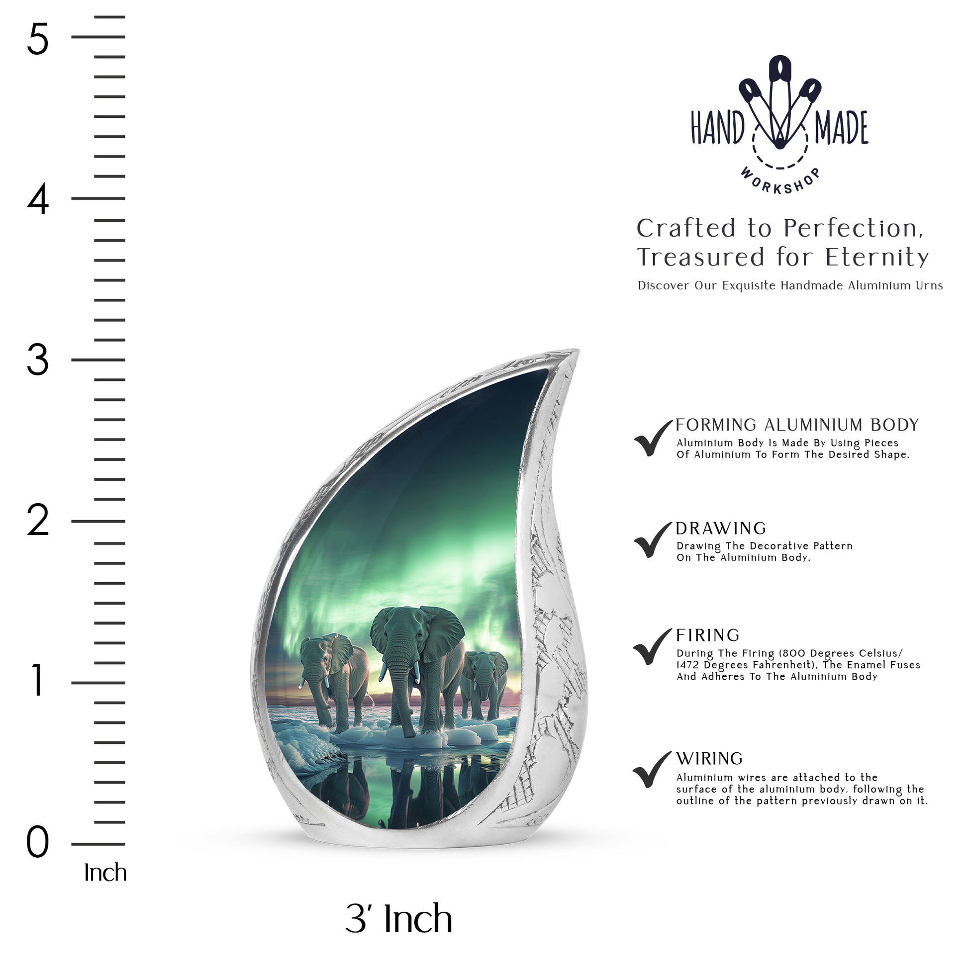 Celestial Blue Elephant Cremation Urn angled view of lid and engraved motif - rounded teardrop elephant design with delicate detail - mini keepsake memorial for portion of cremation ashes
