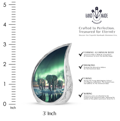 Celestial Blue Elephant Cremation Urn angled view of lid and engraved motif - rounded teardrop elephant design with delicate detail - mini keepsake memorial for portion of cremation ashes