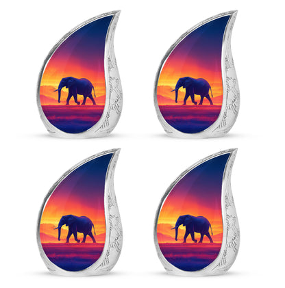 Fiery Red Elephant Cremation Urn close-up of engraving and surface detail - smooth teardrop contour featuring elephant art - 10 inch aluminum urn for cremated remains