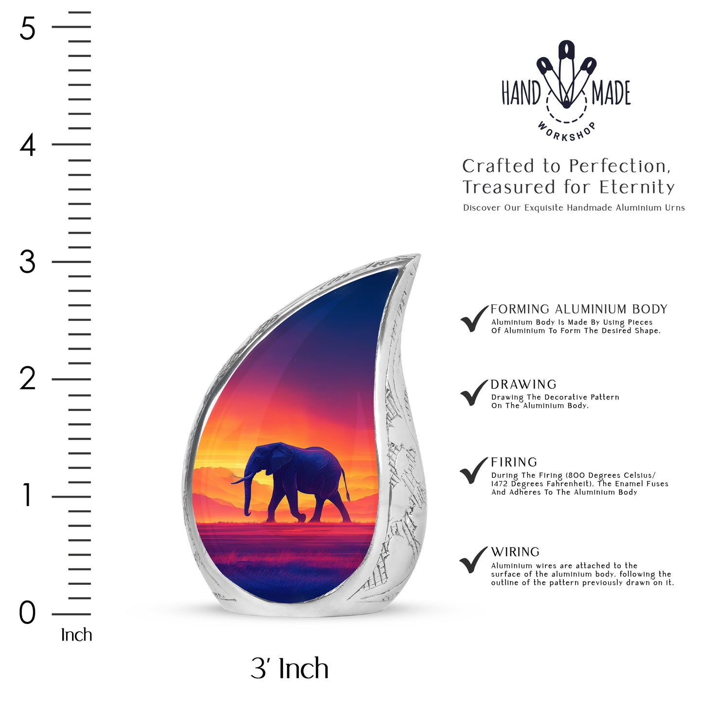 Ruby Red Elephant Cremation Urn angled view of lid and engraved motif - graceful tear-shaped urn with elephant motif - mini keepsake memorial for portion of cremation ashes