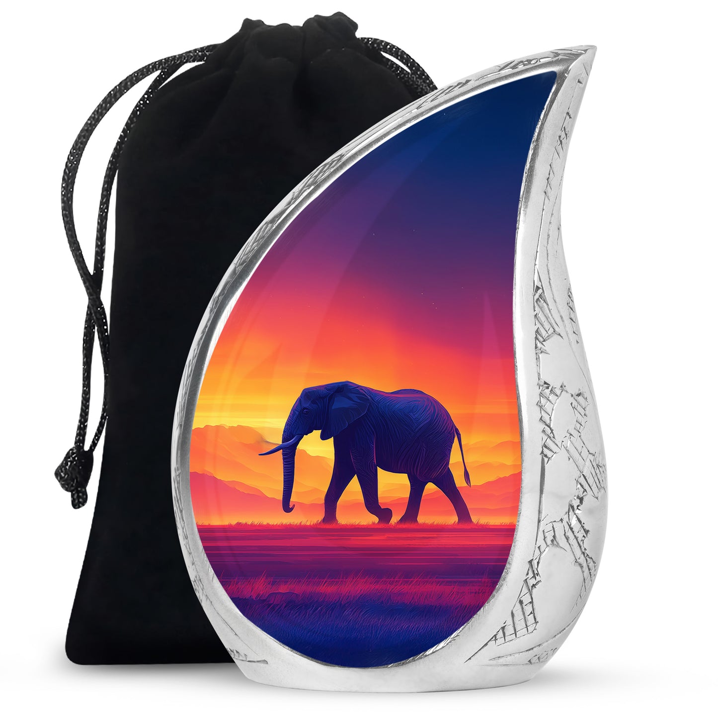 Ruby Red Elephant Cremation Urn front view showing detailed design - smooth teardrop contour featuring elephant art - full-size 10 inch 200 cubic inch adult cremation urn