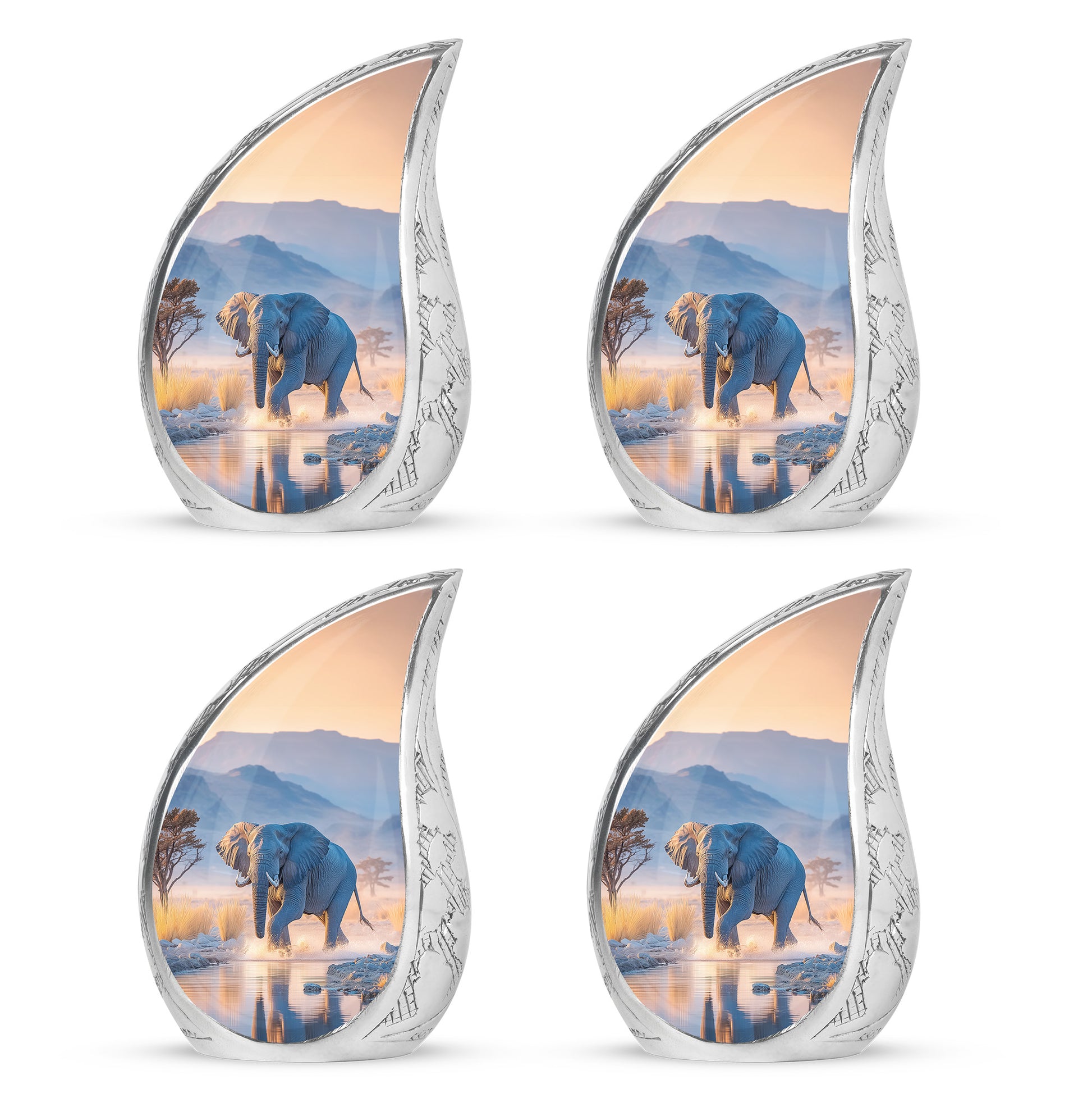 Steel Blue Elephant Cremation Urn close-up of engraving and surface detail - smooth teardrop contour featuring elephant art - 10 inch aluminum urn for cremated remains