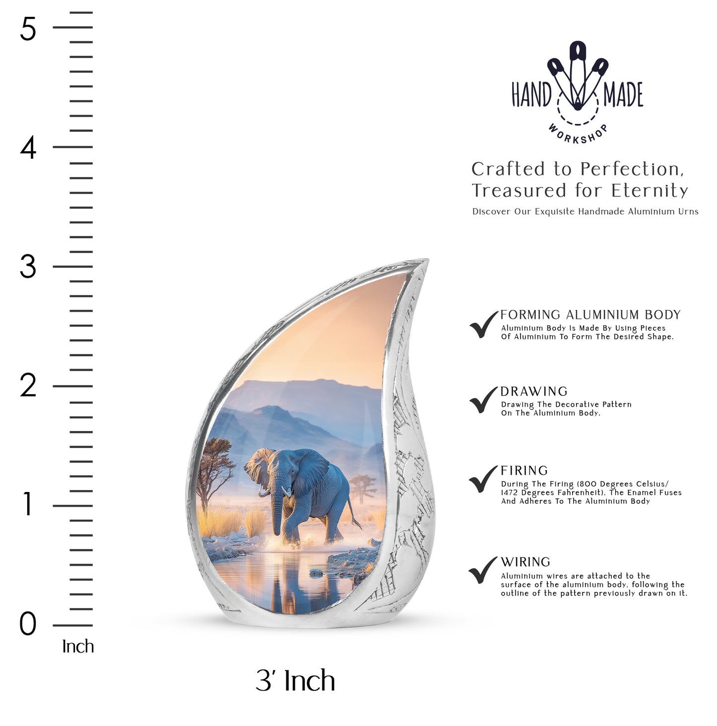 Azure Elephant Cremation Urn angled view of lid and engraved motif - rounded teardrop elephant design with delicate detail - mini keepsake memorial for portion of cremation ashes