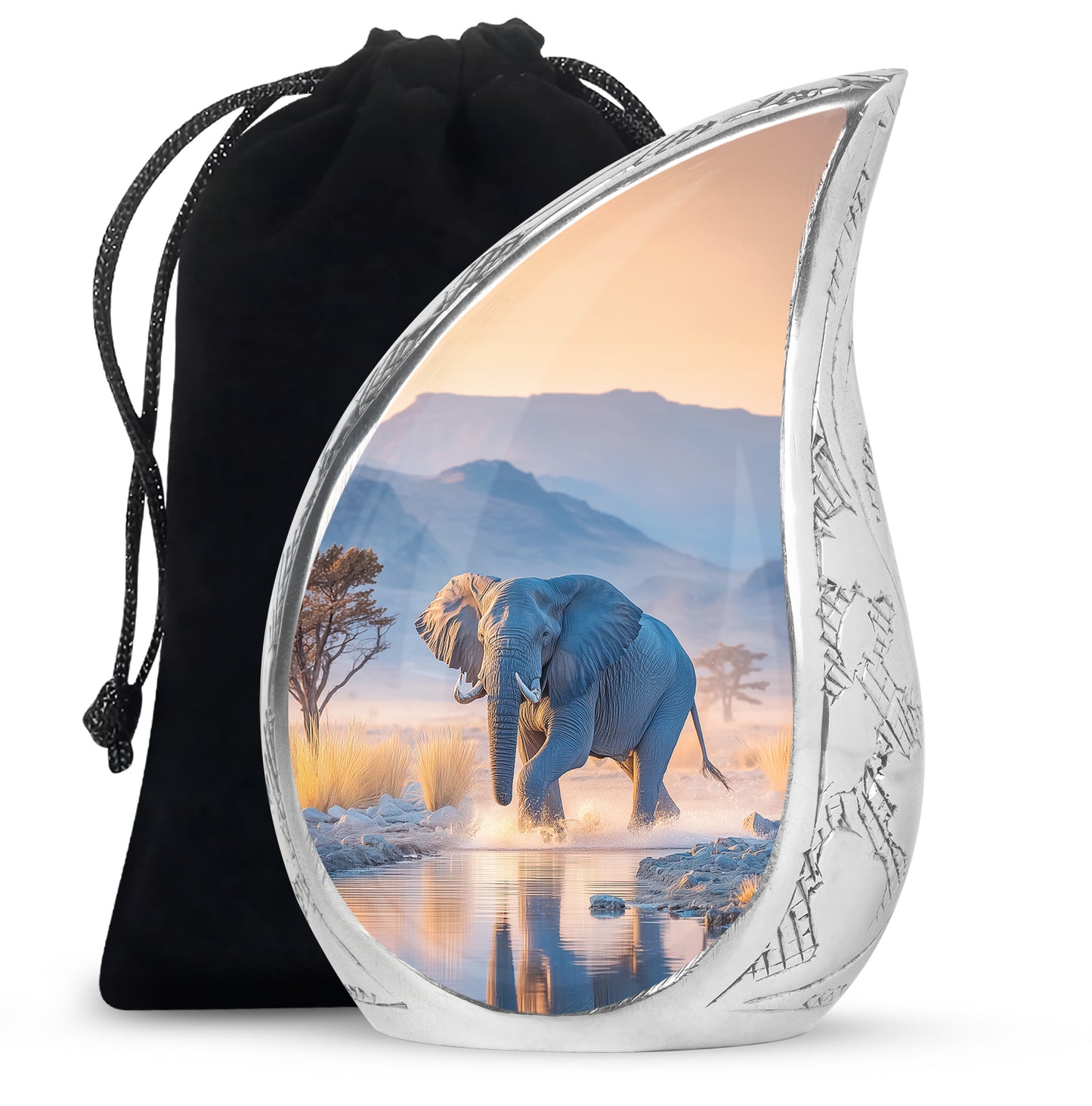 Steel Blue Elephant Cremation Urn front view showing detailed design - smooth teardrop contour featuring elephant art - full-size 10 inch 200 cubic inch adult cremation urn