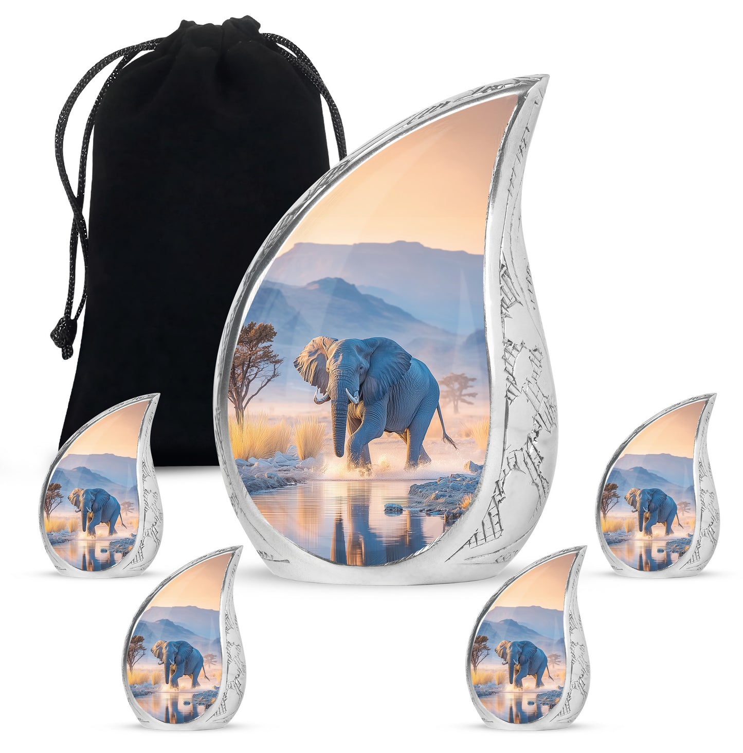 Slate Blue Elephant Cremation Urn side profile showing urn shape - flowing teardrop elephant silhouette on curved aluminum - memorial set with one large and four small urns