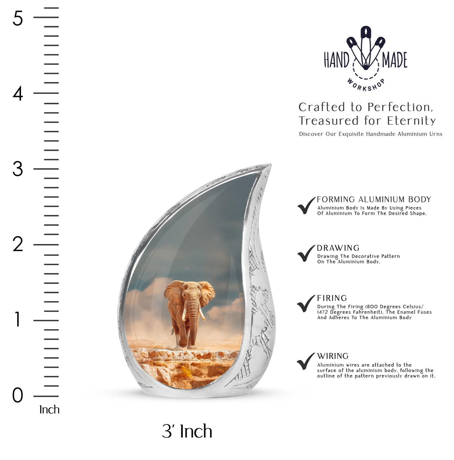 Deep Teal Elephant Cremation Urn angled view of lid and engraved motif - smooth teardrop contour featuring elephant art - mini keepsake memorial for portion of cremation ashes