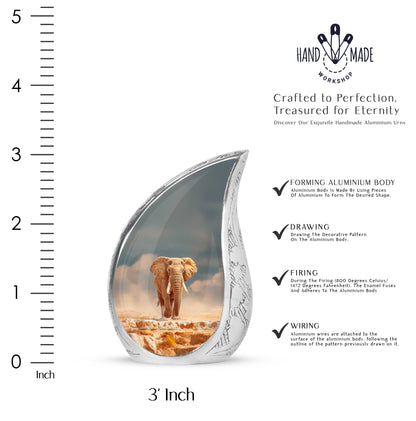 Deep Teal Elephant Cremation Urn angled view of lid and engraved motif - smooth teardrop contour featuring elephant art - mini keepsake memorial for portion of cremation ashes