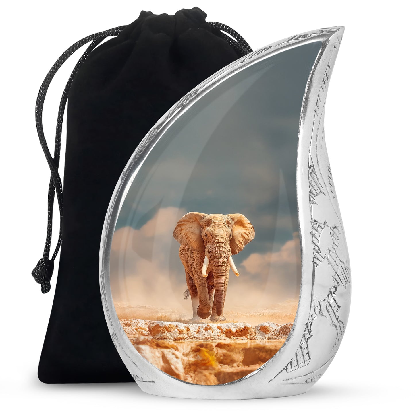 Soft Teal Elephant Cremation Urn front view showing detailed design - rounded teardrop elephant design with delicate detail - full-size 10 inch 200 cubic inch adult cremation urn