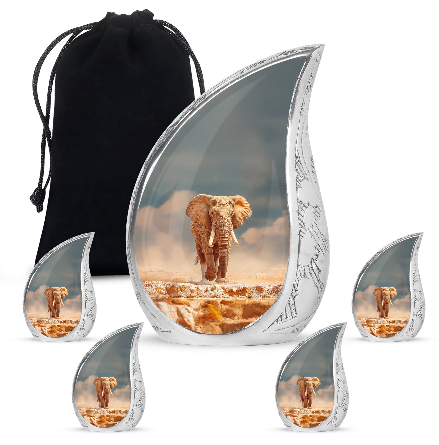 Vivid Teal Elephant Cremation Urn side profile showing urn shape - graceful tear-shaped urn with elephant motif - memorial set with one large and four small urns