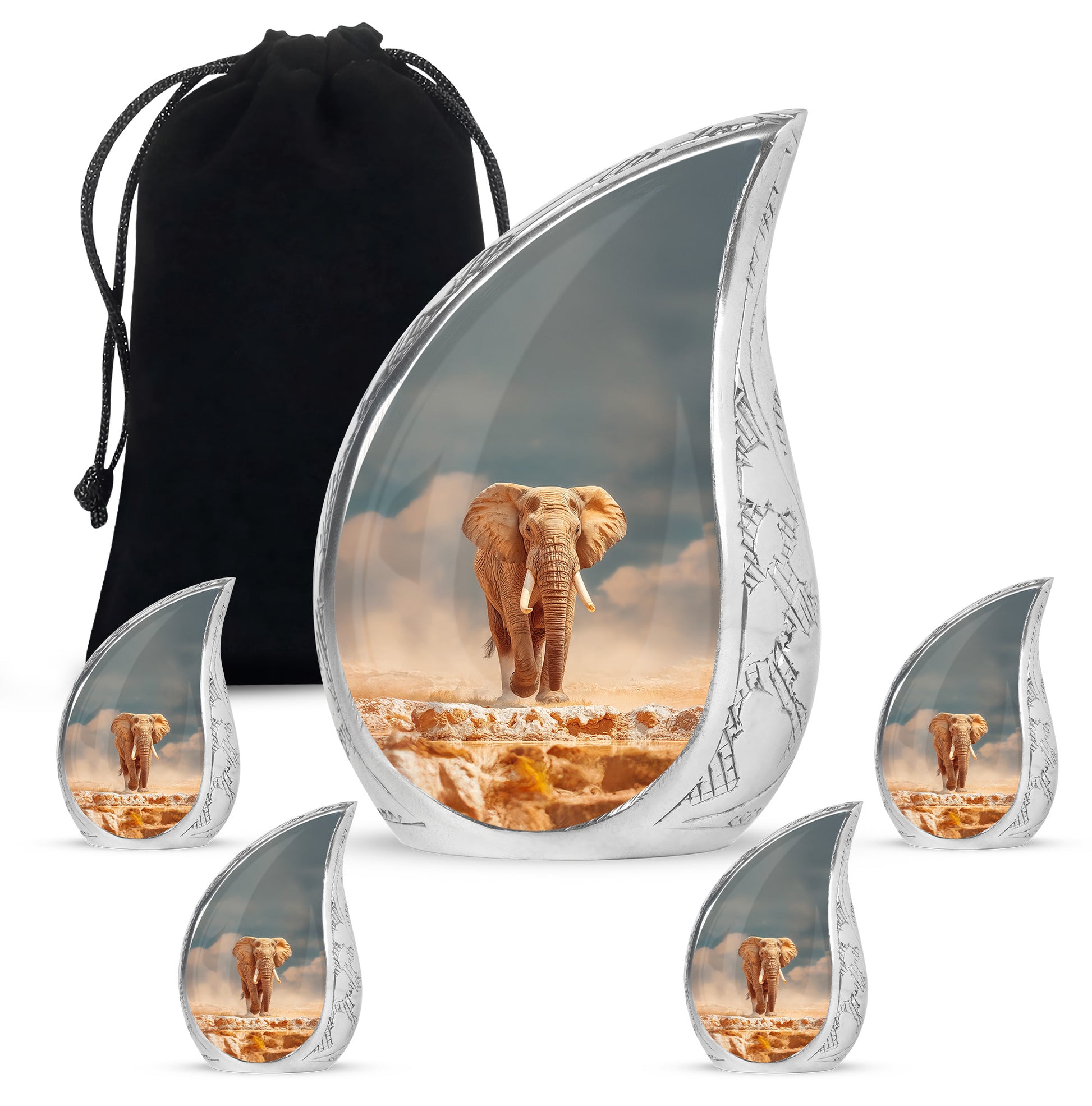Vivid Teal Elephant Cremation Urn side profile showing urn shape - graceful tear-shaped urn with elephant motif - memorial set with one large and four small urns