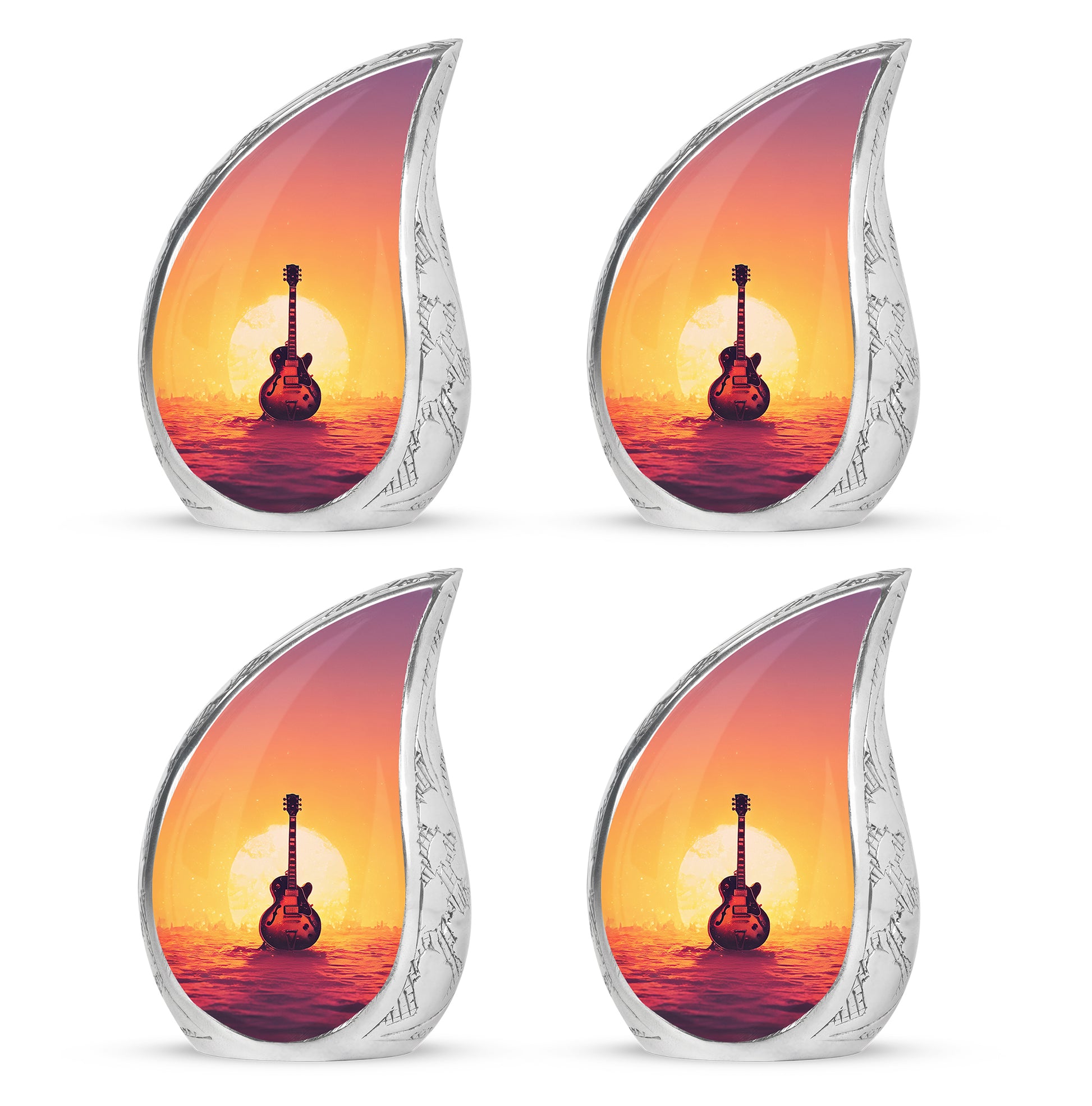 Fiery Red Guitar Cremation Urn close-up of engraving and surface detail - graceful tear-shaped urn with guitar motif - 10 inch aluminum urn for cremated remains