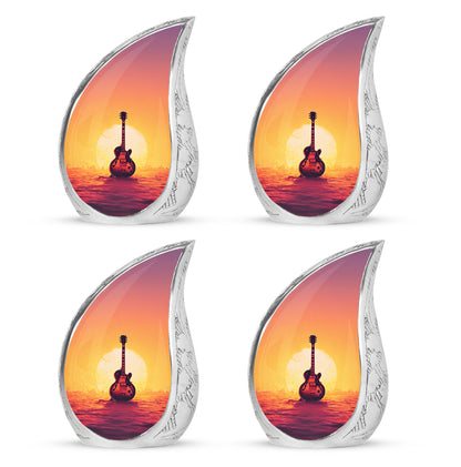 Fiery Red Guitar Cremation Urn close-up of engraving and surface detail - graceful tear-shaped urn with guitar motif - 10 inch aluminum urn for cremated remains