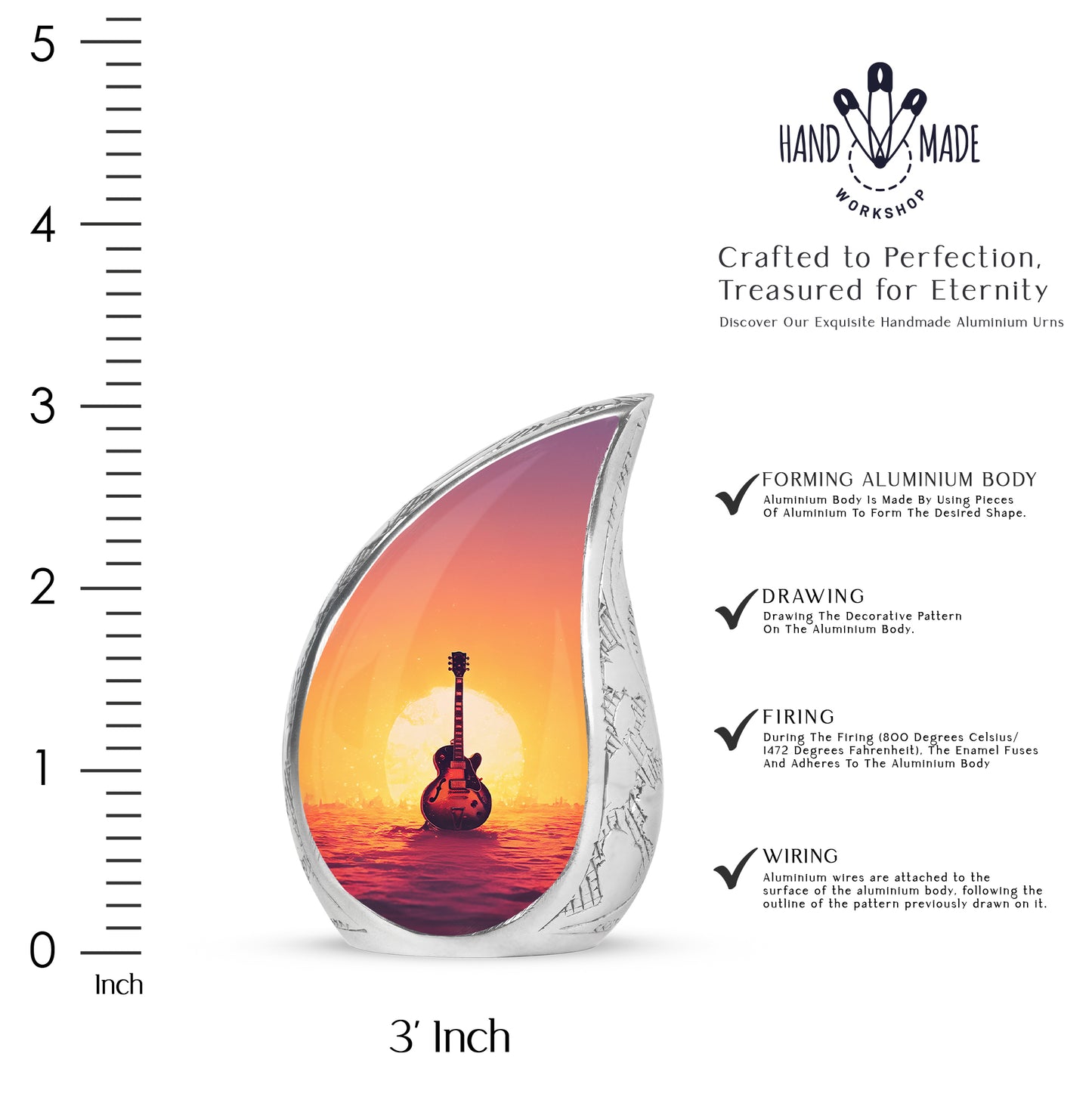 Wine Red Guitar Cremation Urn angled view of lid and engraved motif - rounded teardrop guitar design with delicate detail - mini keepsake memorial for portion of cremation ashes