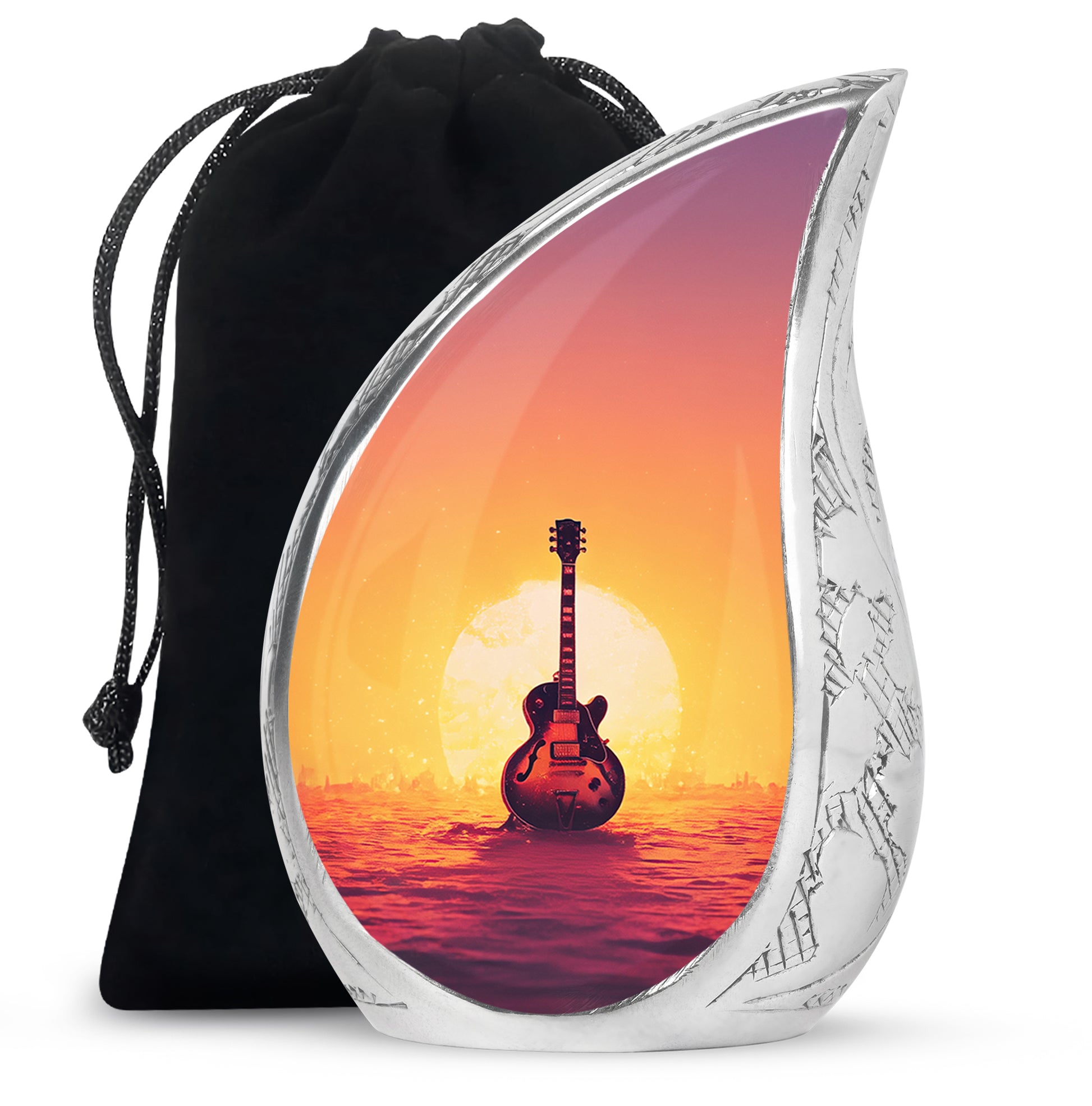 Fiery Red Guitar Cremation Urn front view showing detailed design - graceful tear-shaped urn with guitar motif - full-size 10 inch 200 cubic inch adult cremation urn