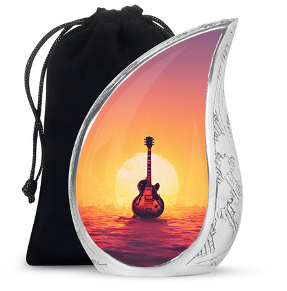 Fiery Red Guitar Cremation Urn front view showing detailed design - graceful tear-shaped urn with guitar motif - full-size 10 inch 200 cubic inch adult cremation urn
