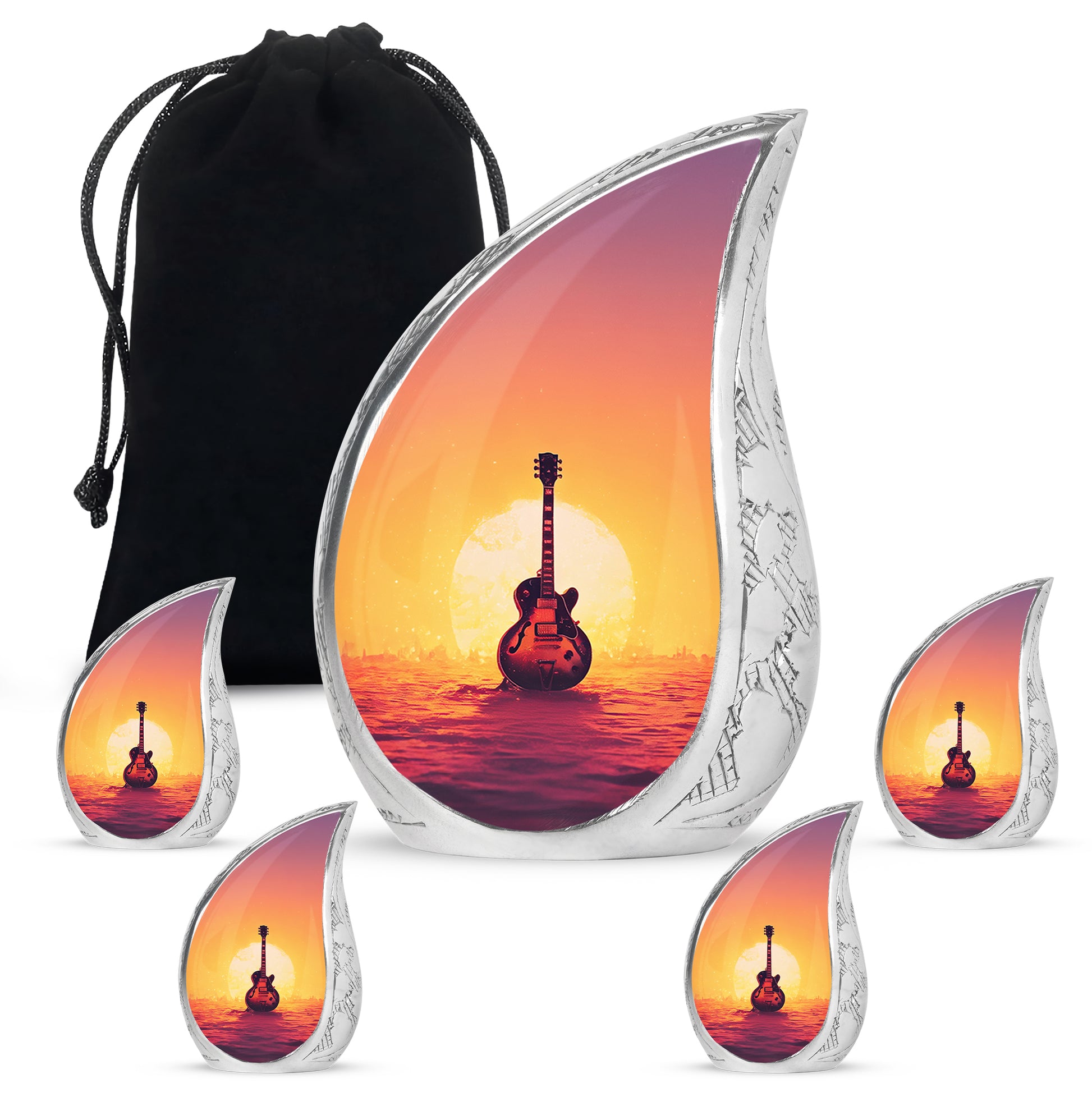 Burgundy Red Guitar Cremation Urn side profile showing urn shape - flowing teardrop guitar silhouette on curved aluminum - memorial set with one large and four small urns