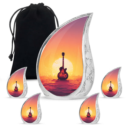 Burgundy Red Guitar Cremation Urn side profile showing urn shape - flowing teardrop guitar silhouette on curved aluminum - memorial set with one large and four small urns