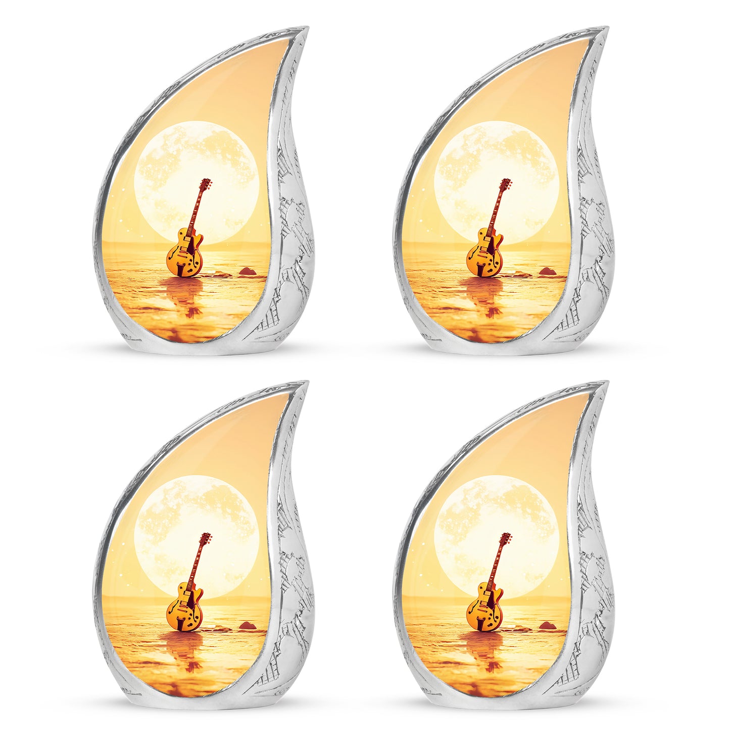 Burnished Gold Guitar Cremation Urn close-up of engraving and surface detail - smooth teardrop contour featuring guitar art - 10 inch aluminum urn for cremated remains