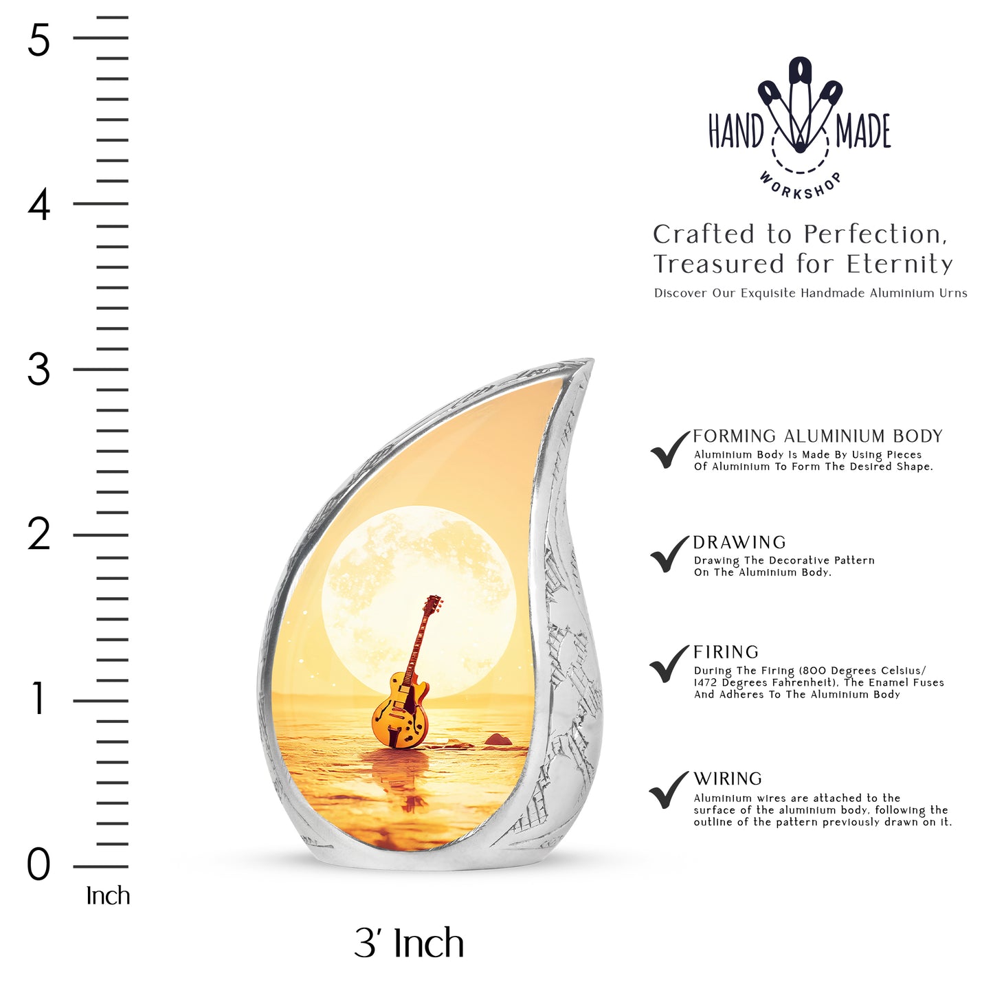 Royal Gold Guitar Cremation Urn angled view of lid and engraved motif - smooth teardrop contour featuring guitar art - mini keepsake memorial for portion of cremation ashes