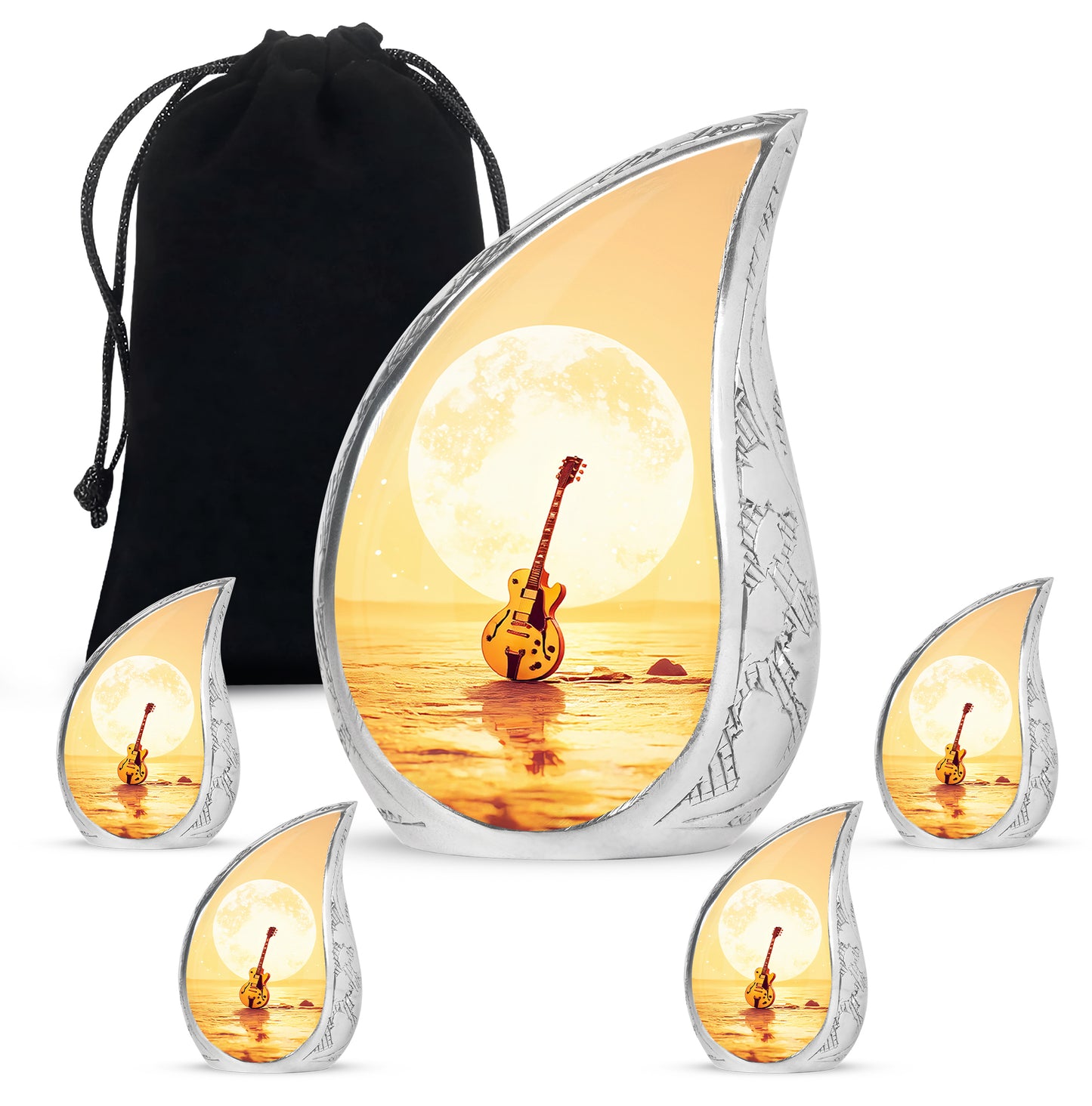 Champagne Gold Guitar Cremation Urn side profile showing urn shape - rounded teardrop guitar design with delicate detail - memorial set with one large and four small urns