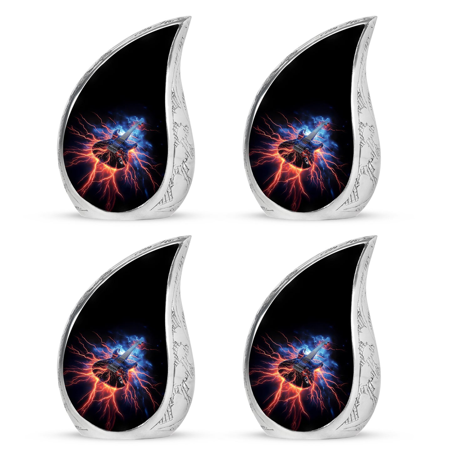 Jet Black Guitar Cremation Urn close-up of engraving and surface detail - flowing teardrop guitar silhouette on curved aluminum - 10 inch aluminum urn for cremated remains