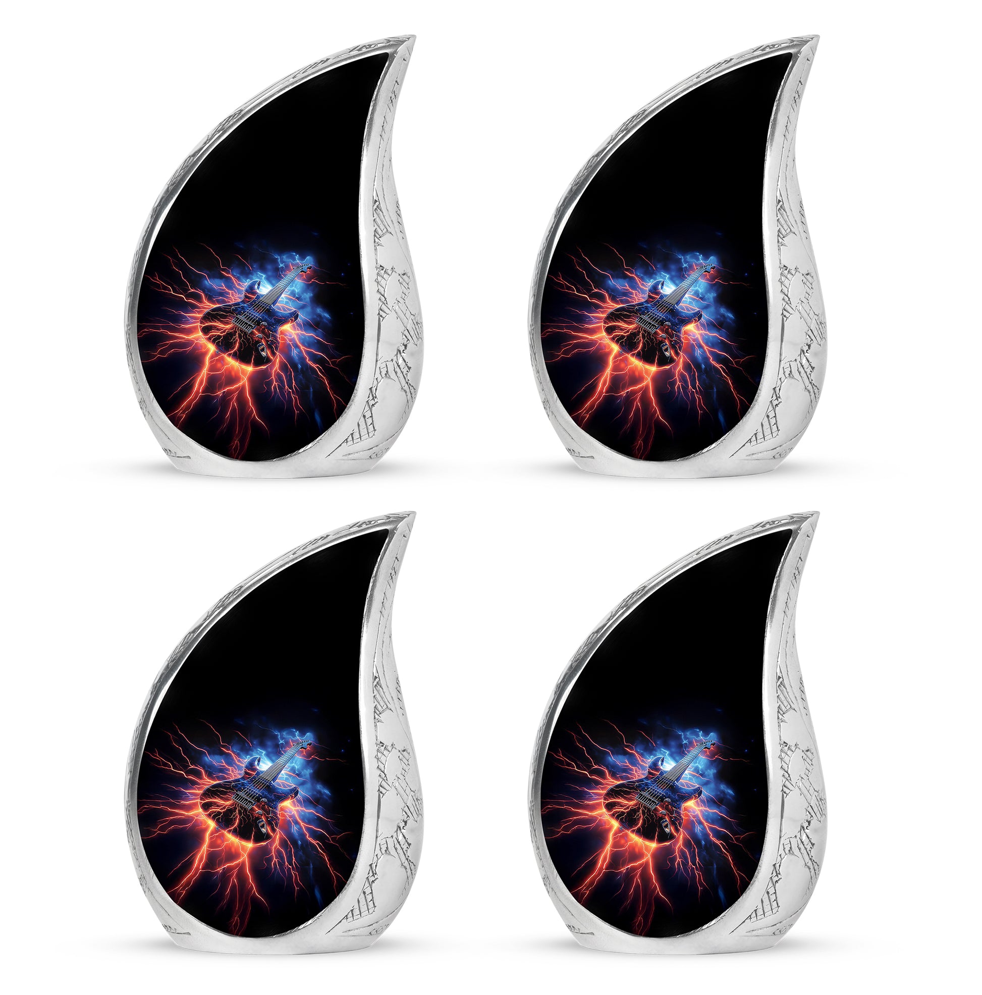 Jet Black Guitar Cremation Urn close-up of engraving and surface detail - flowing teardrop guitar silhouette on curved aluminum - 10 inch aluminum urn for cremated remains