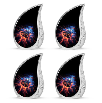 Jet Black Guitar Cremation Urn close-up of engraving and surface detail - flowing teardrop guitar silhouette on curved aluminum - 10 inch aluminum urn for cremated remains