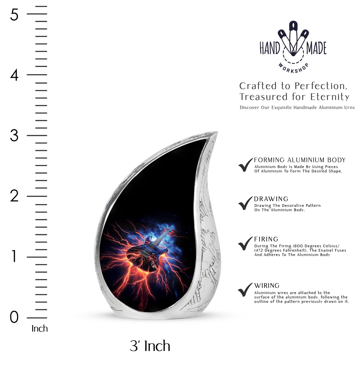 Deep Black Guitar Cremation Urn angled view of lid and engraved motif - rounded teardrop guitar design with delicate detail - mini keepsake memorial for portion of cremation ashes