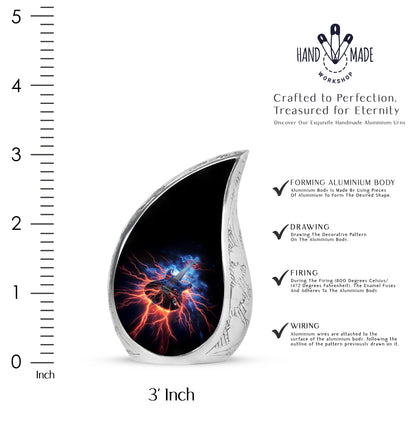 Deep Black Guitar Cremation Urn angled view of lid and engraved motif - rounded teardrop guitar design with delicate detail - mini keepsake memorial for portion of cremation ashes