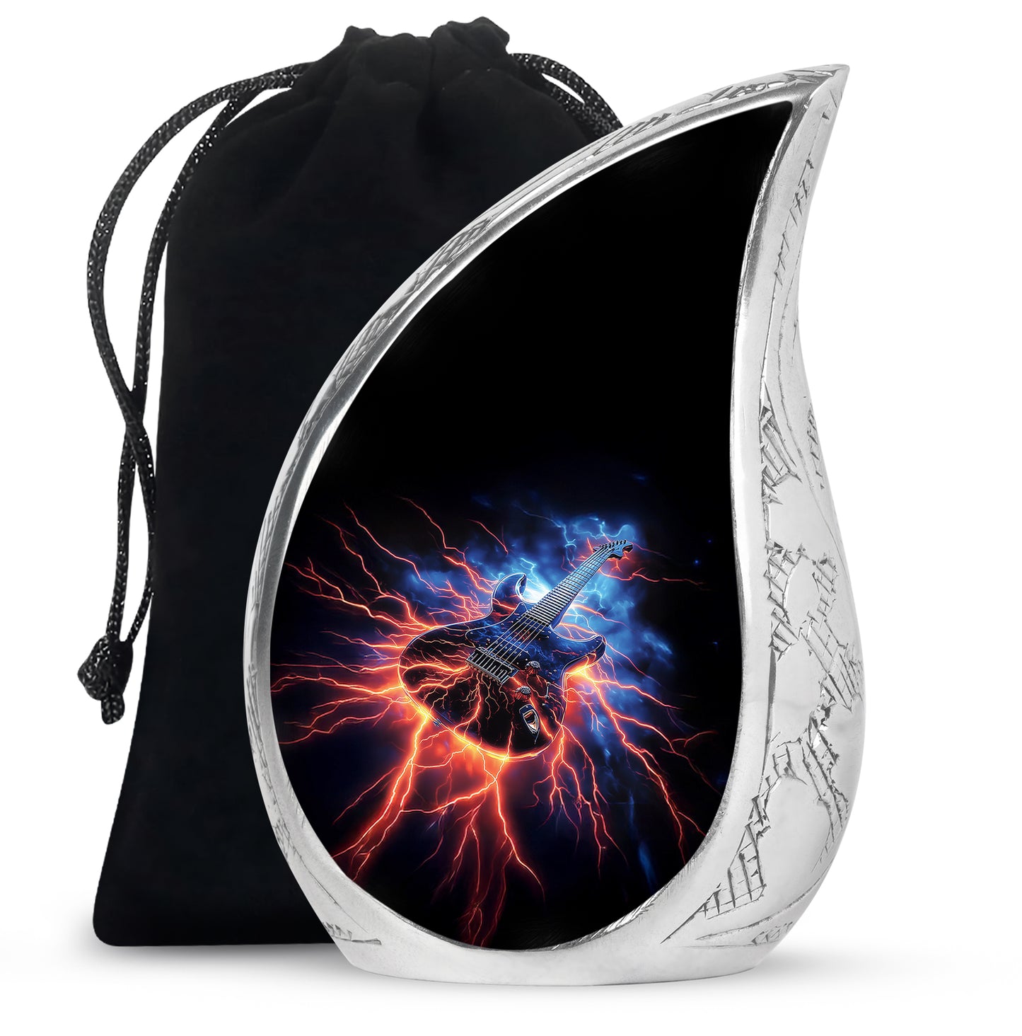 Deep Black Guitar Cremation Urn front view showing detailed design - rounded teardrop guitar design with delicate detail - full-size 10 inch 200 cubic inch adult cremation urn