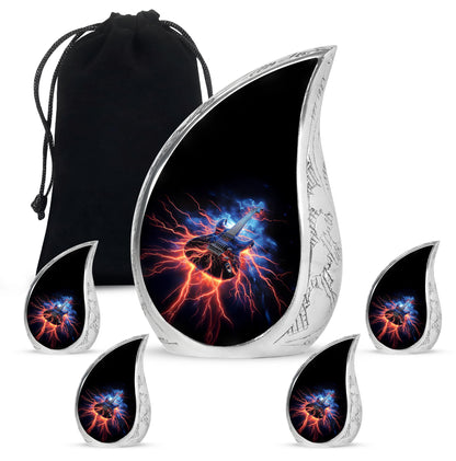 Charcoal Black Guitar Cremation Urn side profile showing urn shape - smooth teardrop contour featuring guitar art - memorial set with one large and four small urns
