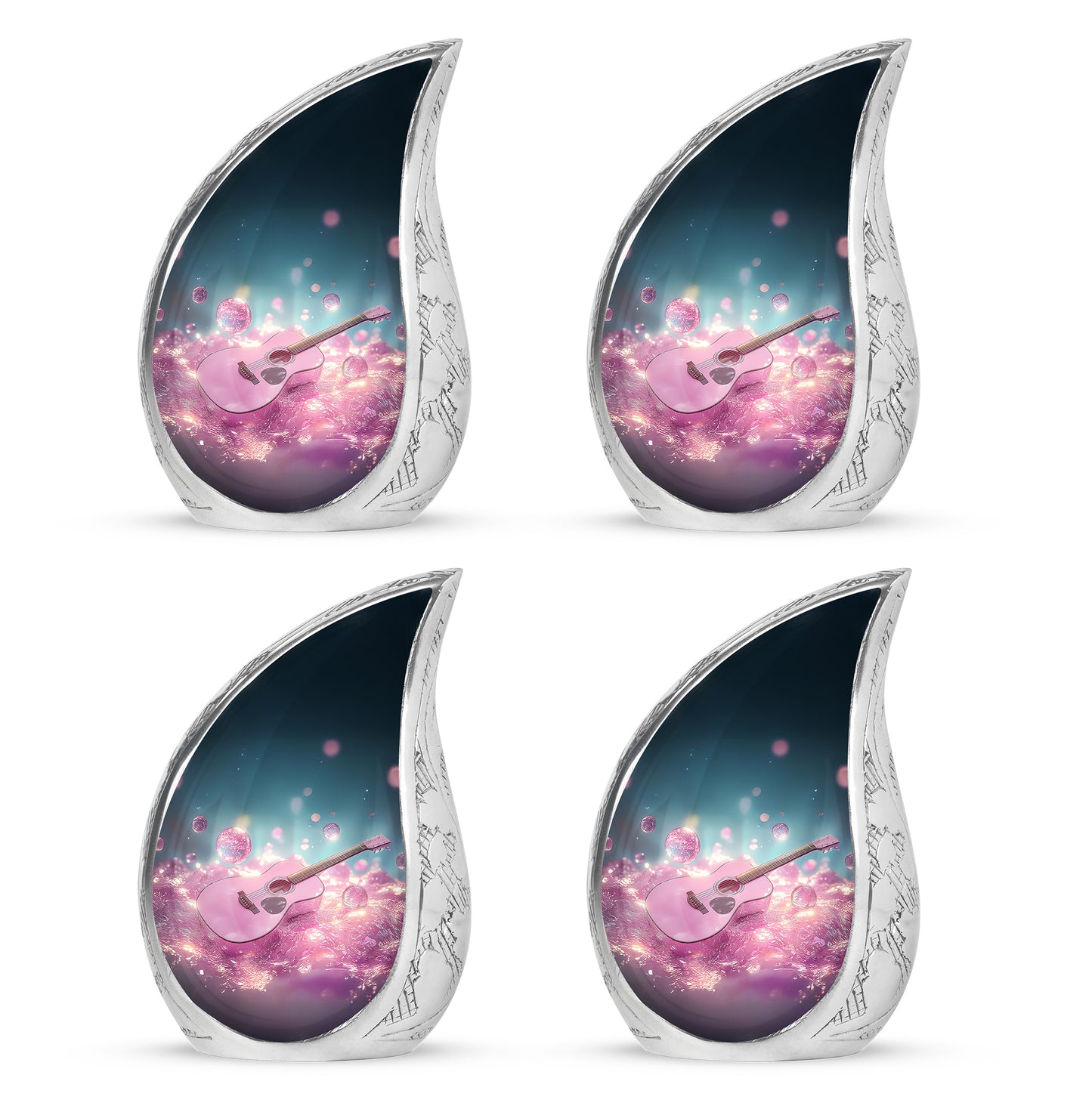 Cobalt Blue Guitar Cremation Urn close-up of engraving and surface detail - smooth teardrop contour featuring guitar art - 10 inch aluminum urn for cremated remains