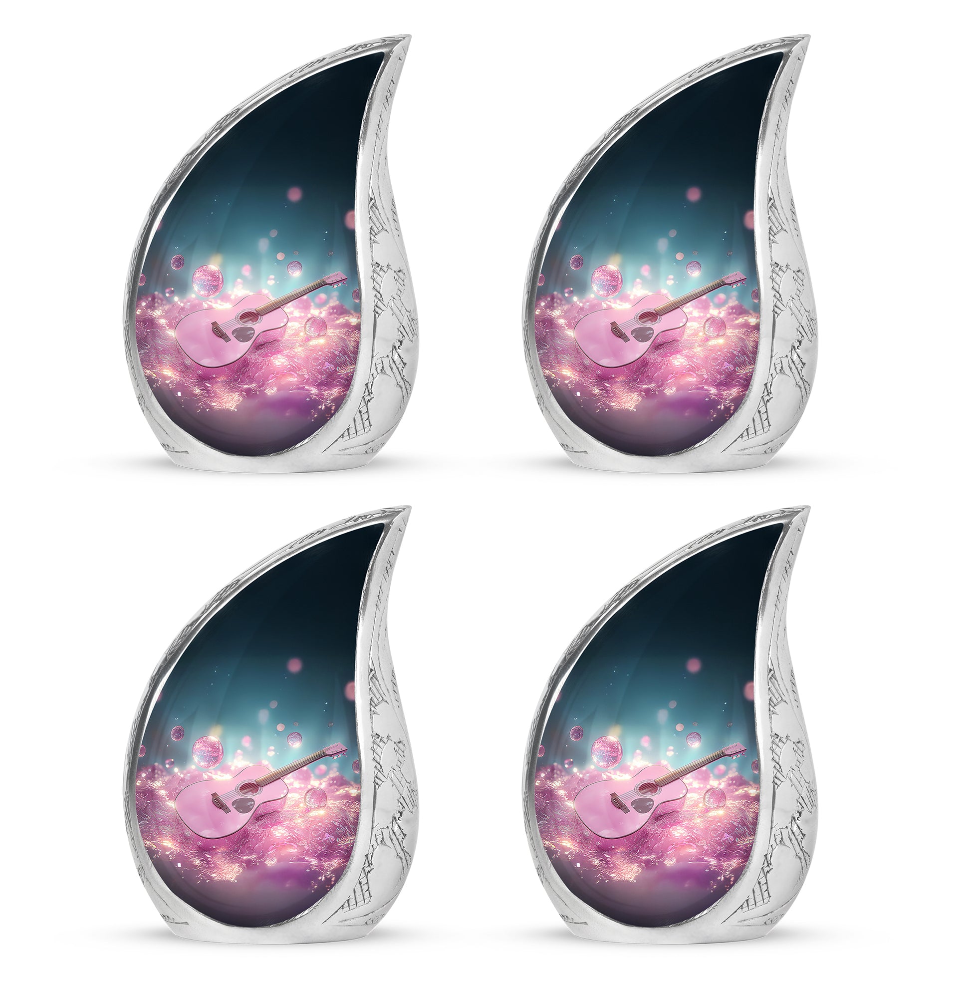 Cobalt Blue Guitar Cremation Urn close-up of engraving and surface detail - smooth teardrop contour featuring guitar art - 10 inch aluminum urn for cremated remains