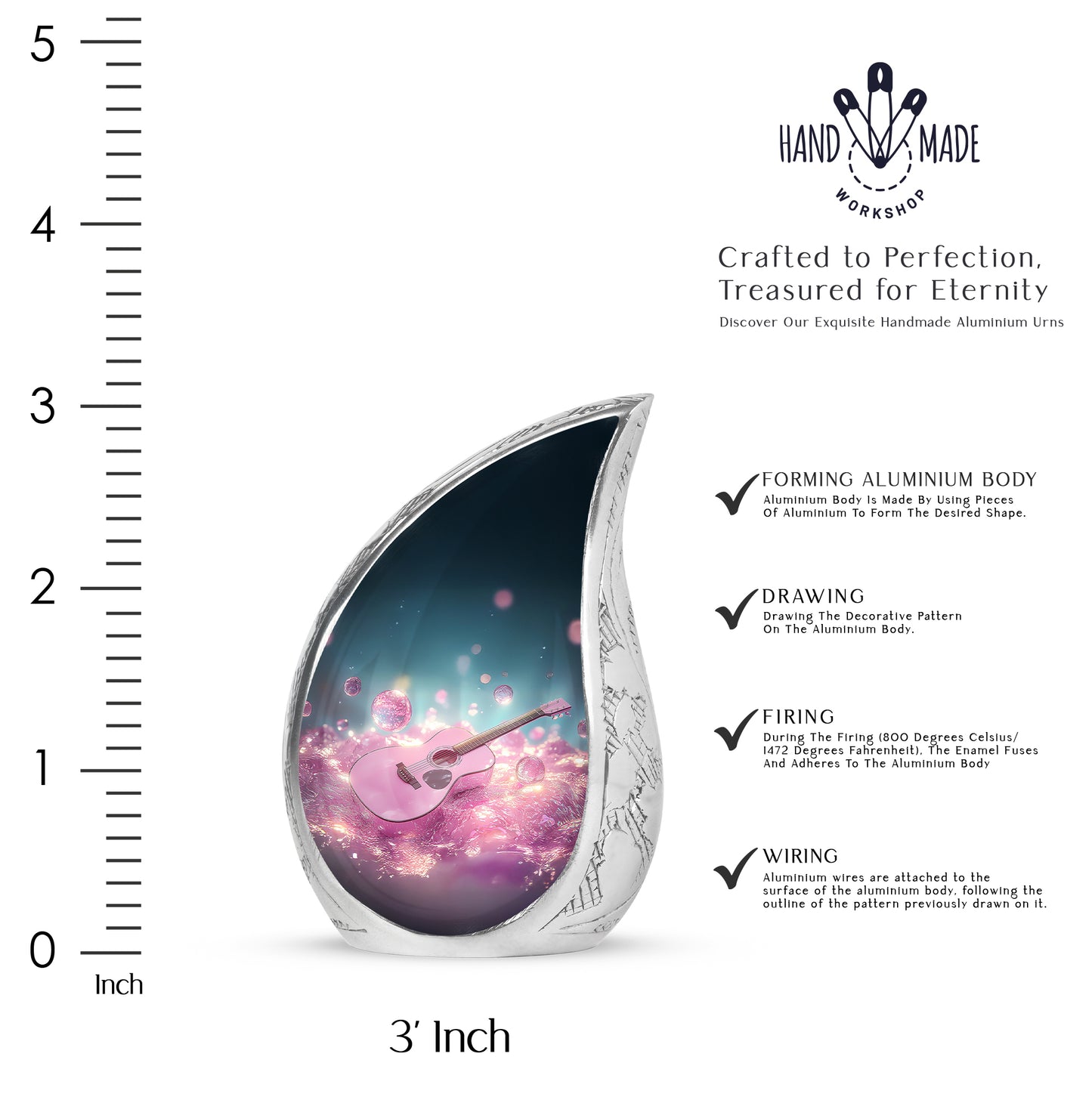 Twilight Blue Guitar Cremation Urn angled view of lid and engraved motif - graceful tear-shaped urn with guitar motif - mini keepsake memorial for portion of cremation ashes