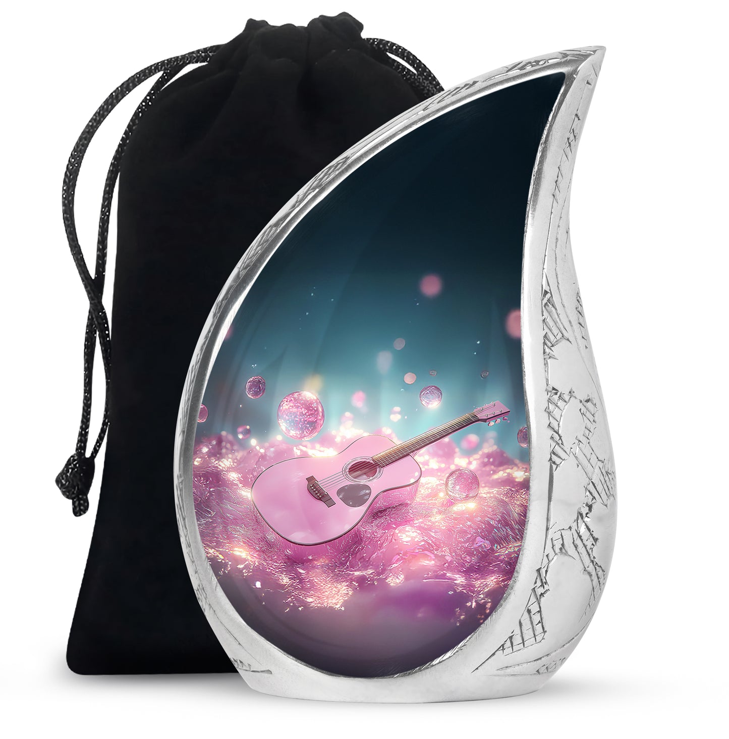 Soft Blue Guitar Cremation Urn front view showing detailed design - smooth teardrop contour featuring guitar art - full-size 10 inch 200 cubic inch adult cremation urn